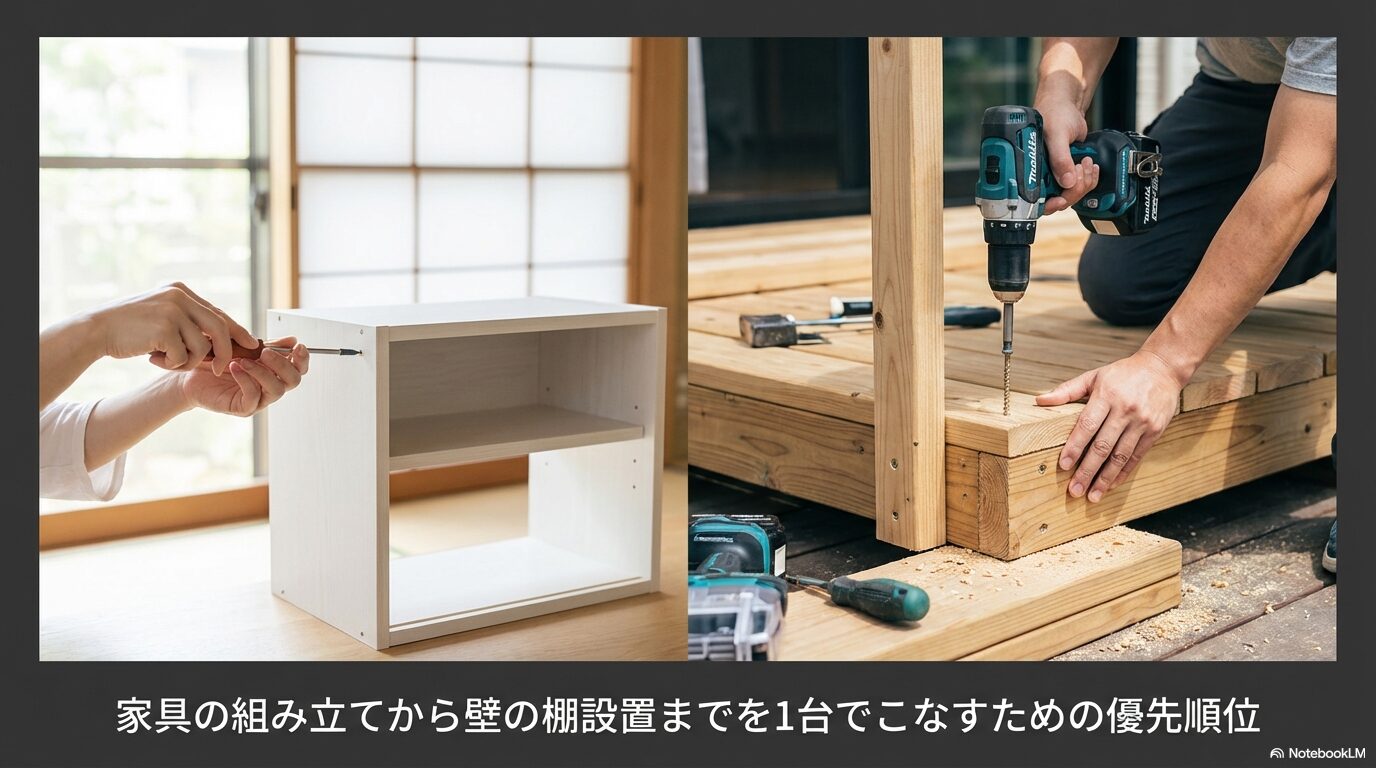 家具の組み立てから壁の棚設置までを1台でこなすための優先順位