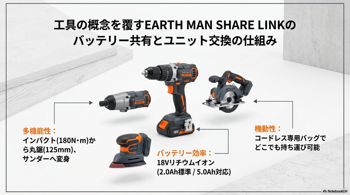 工具の概念を覆すEARTH MAN SHARE LINKのバッテリー共有とユニット交換の仕組み