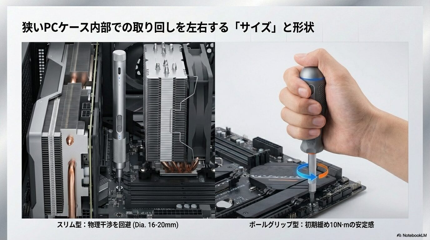狭いPCケース内部での取り回しを大きく左右する本体の「サイズ」と形状