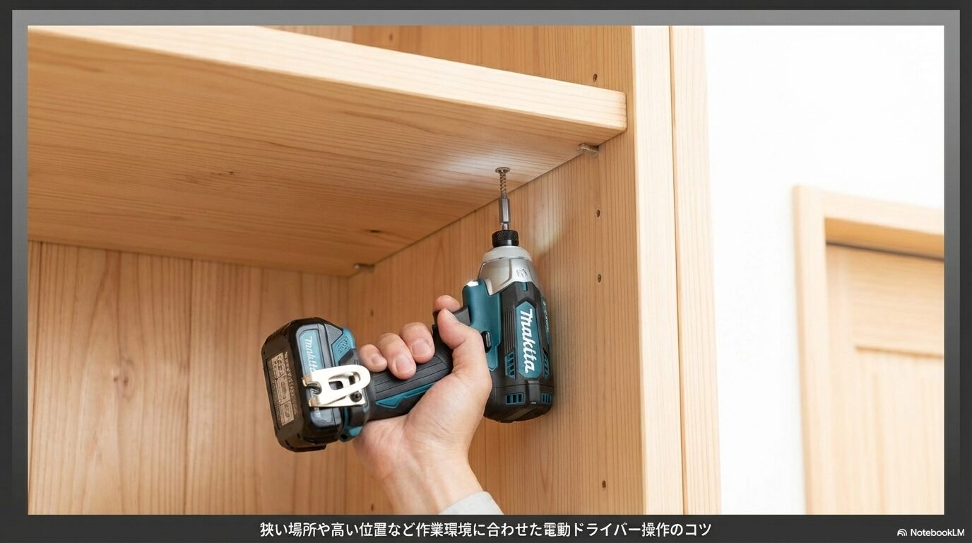 狭い場所や高い位置など作業環境に合わせた電動ドライバー操作のコツ
