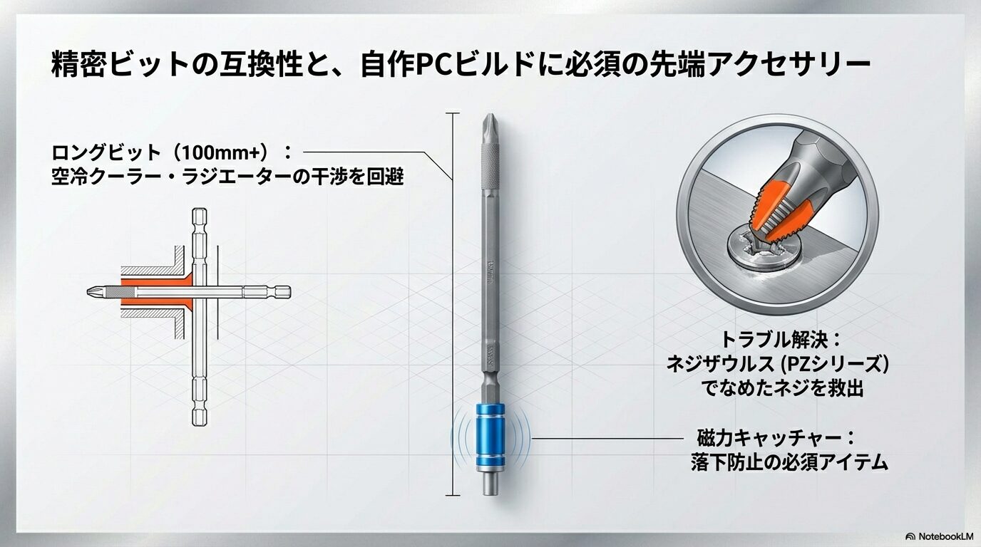 精密ビットの互換性チェックと、自作PCビルドに必須の先端アクセサリー
