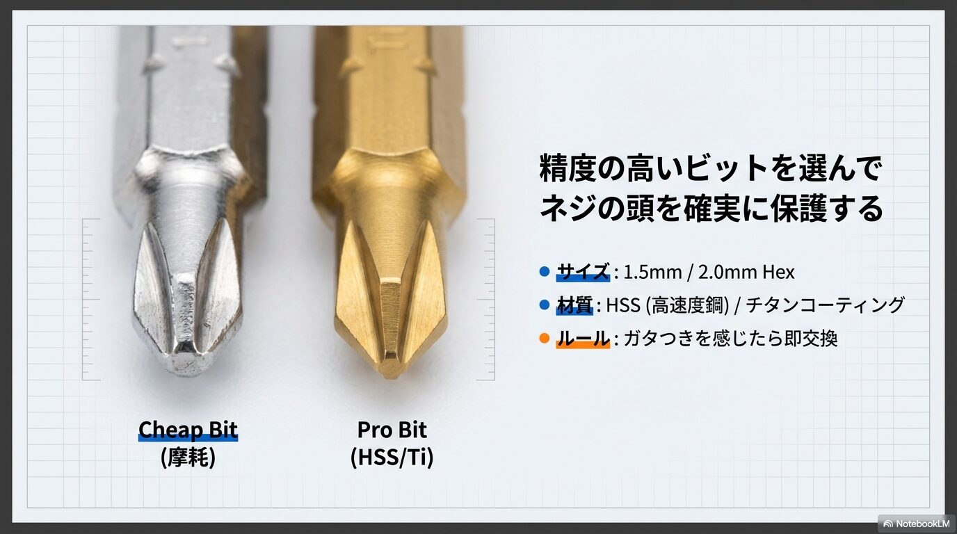 精度の高いビットを選んでネジの頭を確実に保護する