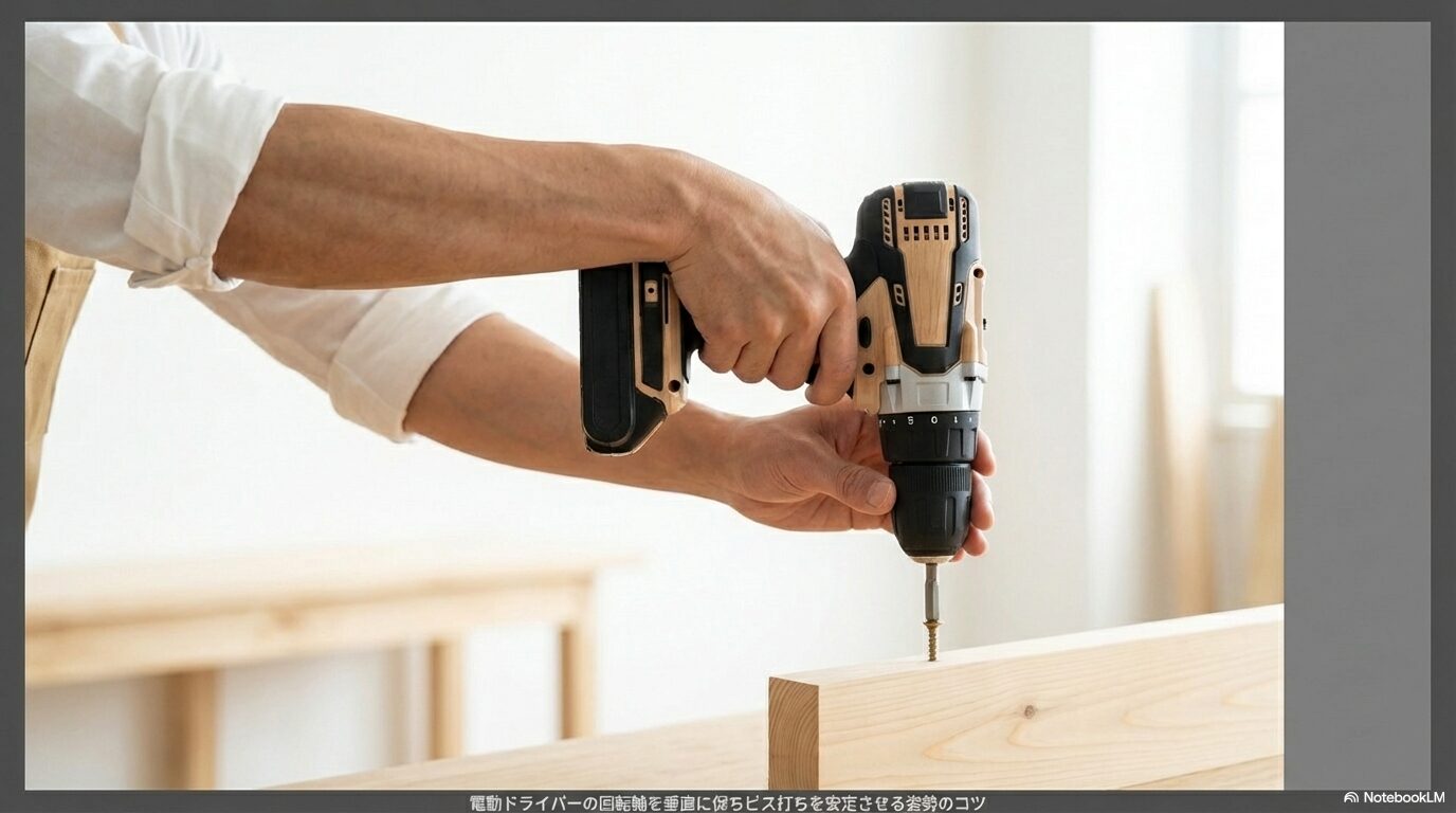 電動ドライバーの回転軸を垂直に保ちビス打ちを安定させる姿勢のコツ