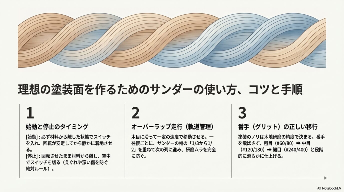 理想の塗装面を作るためのサンダーの使い方、コツと手順