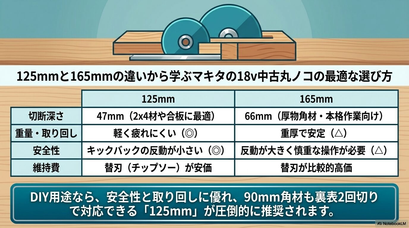125mmと165mmの違いから学ぶマキタの18v中古丸ノコの最適な選び方