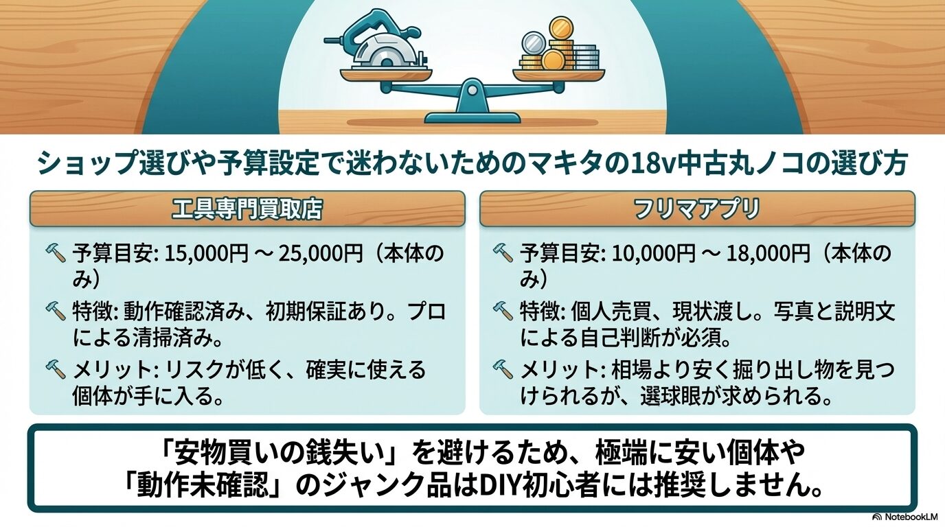 ショップ選びや予算設定で迷わないためのマキタの18v中古丸ノコの選び方