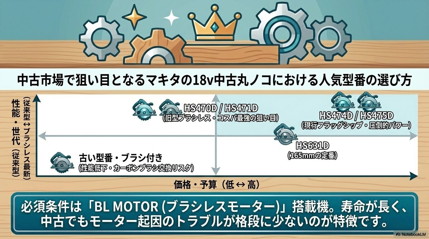 中古市場で狙い目となるマキタの18v中古丸ノコにおける人気型番の選び方