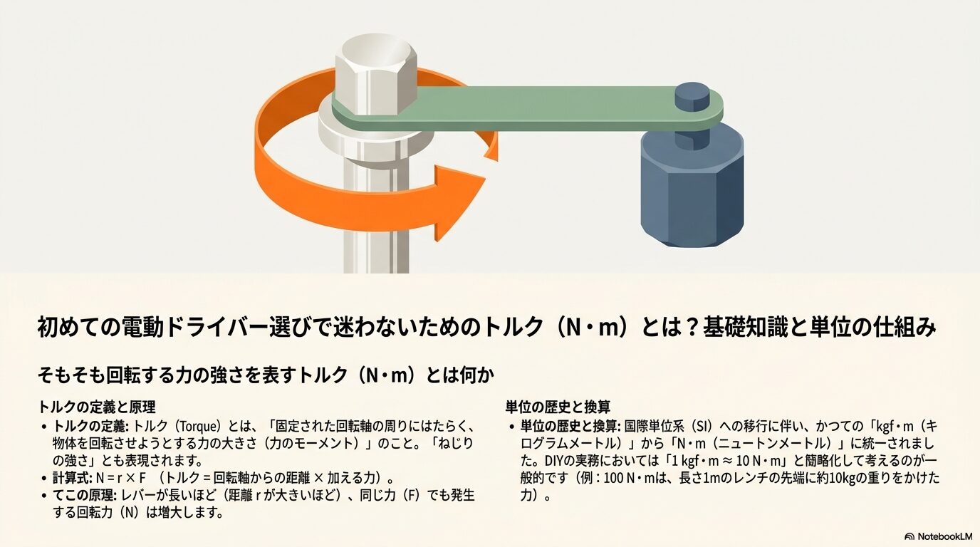 初めての電動ドライバー選びで迷わないためのトルク（N・m）とは？基礎知識と単位の仕組み