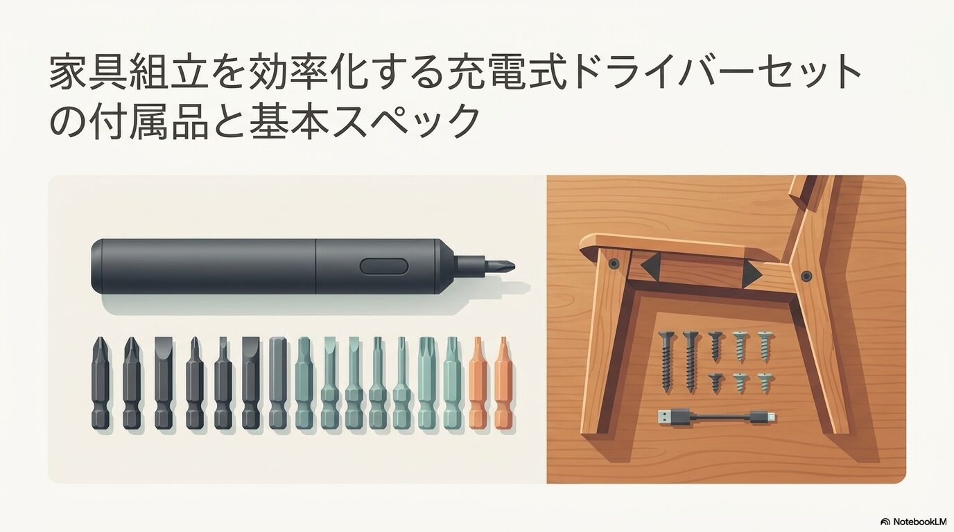 家具組立を効率化する充電式ドライバーセットの付属品と基本スペック