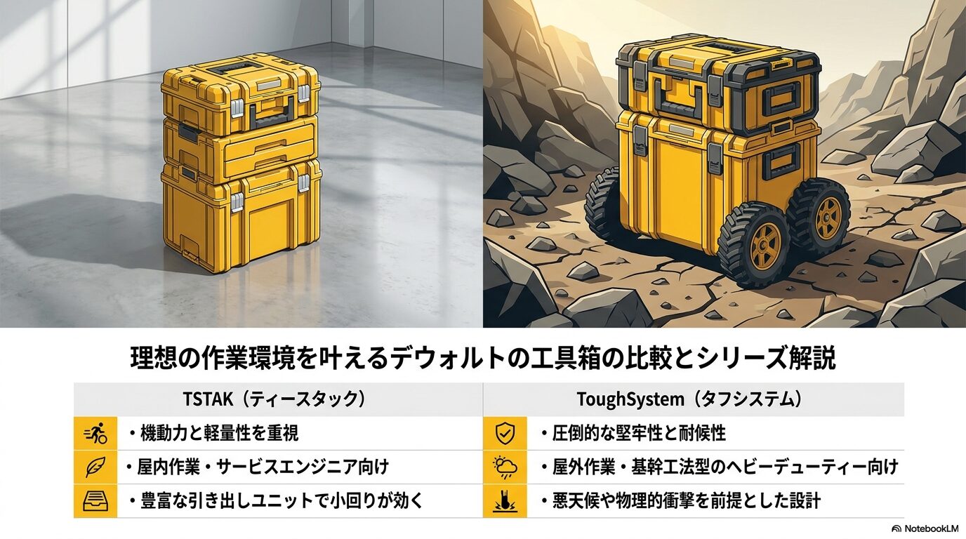 理想の作業環境を叶えるデウォルトの工具箱の比較とシリーズ解説
